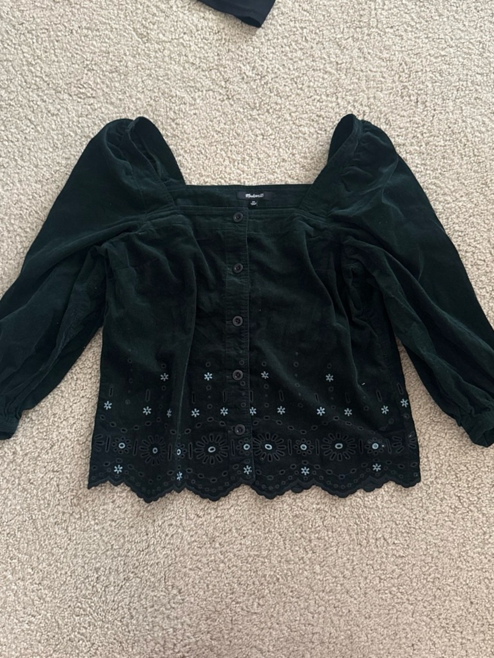 Madewell Dark Green Velvet Button-Front Square Neck Blouse